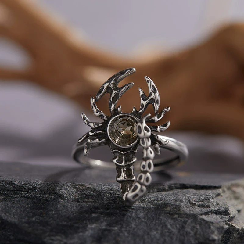S925 Sterling Silver Ring With Natural Garnet Citrine Retro Personality Exaggerated Opal Scorpion Animals Zodiac Set With Precious Stones Antique Style - Image 2