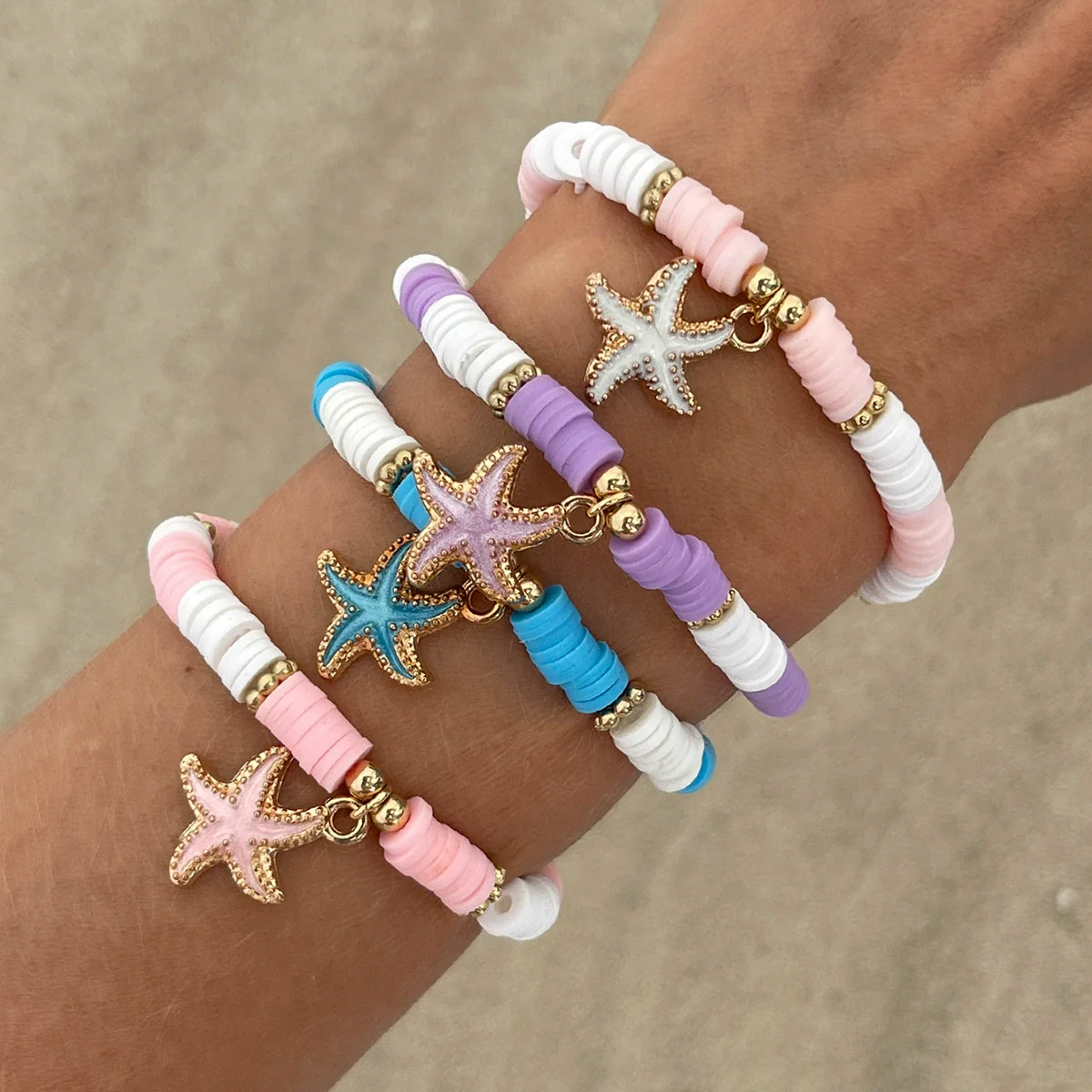 Shell Handmade Geometric And Flower Patterned Starfish Pendant Stacked Bracelet For Women - Image 10