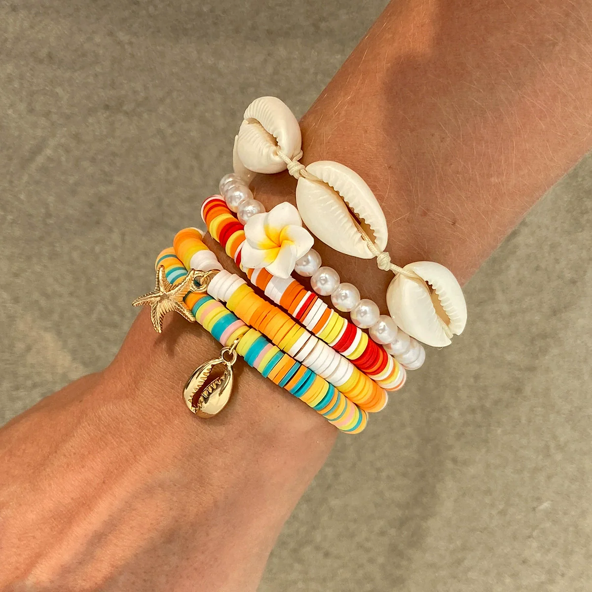 Shell Handmade Geometric And Flower Patterned Starfish Pendant Stacked Bracelet For Women - Image 12