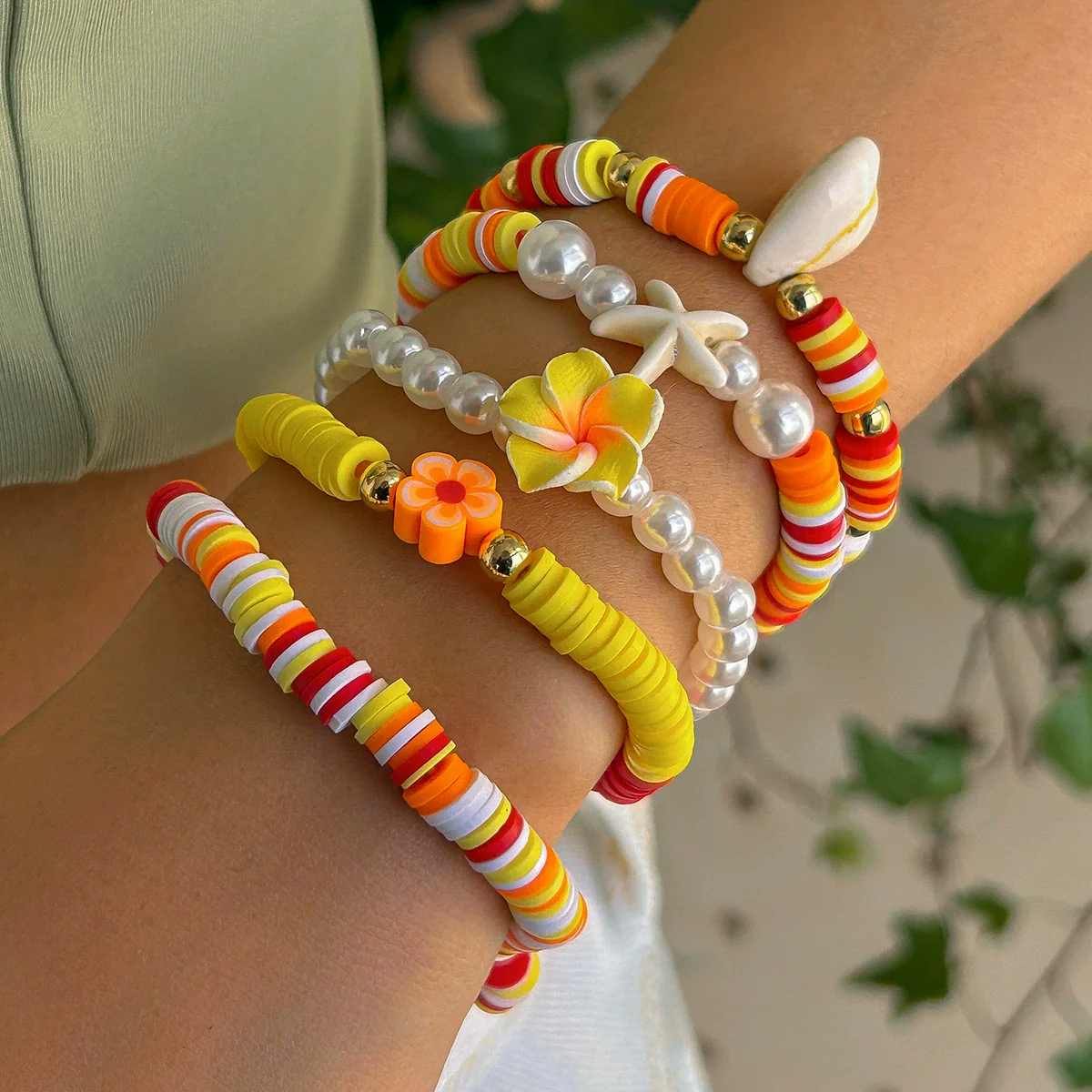 Shell Handmade Geometric And Flower Patterned Starfish Pendant Stacked Bracelet For Women - Image 2