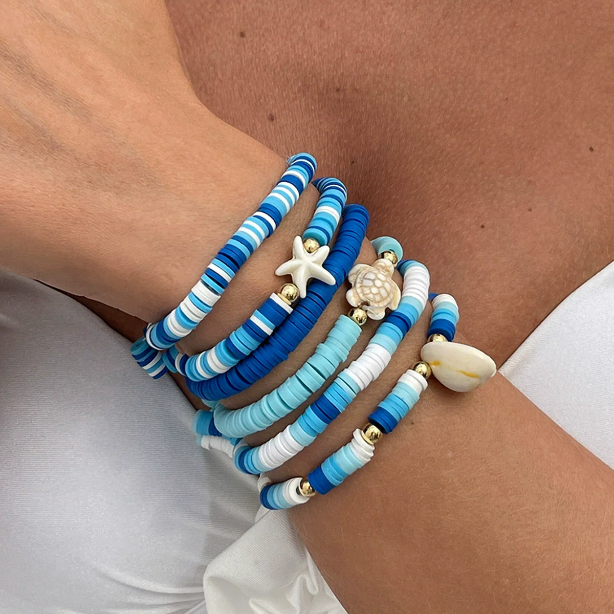Shell Handmade Geometric And Flower Patterned Starfish Pendant Stacked Bracelet For Women - Image 3