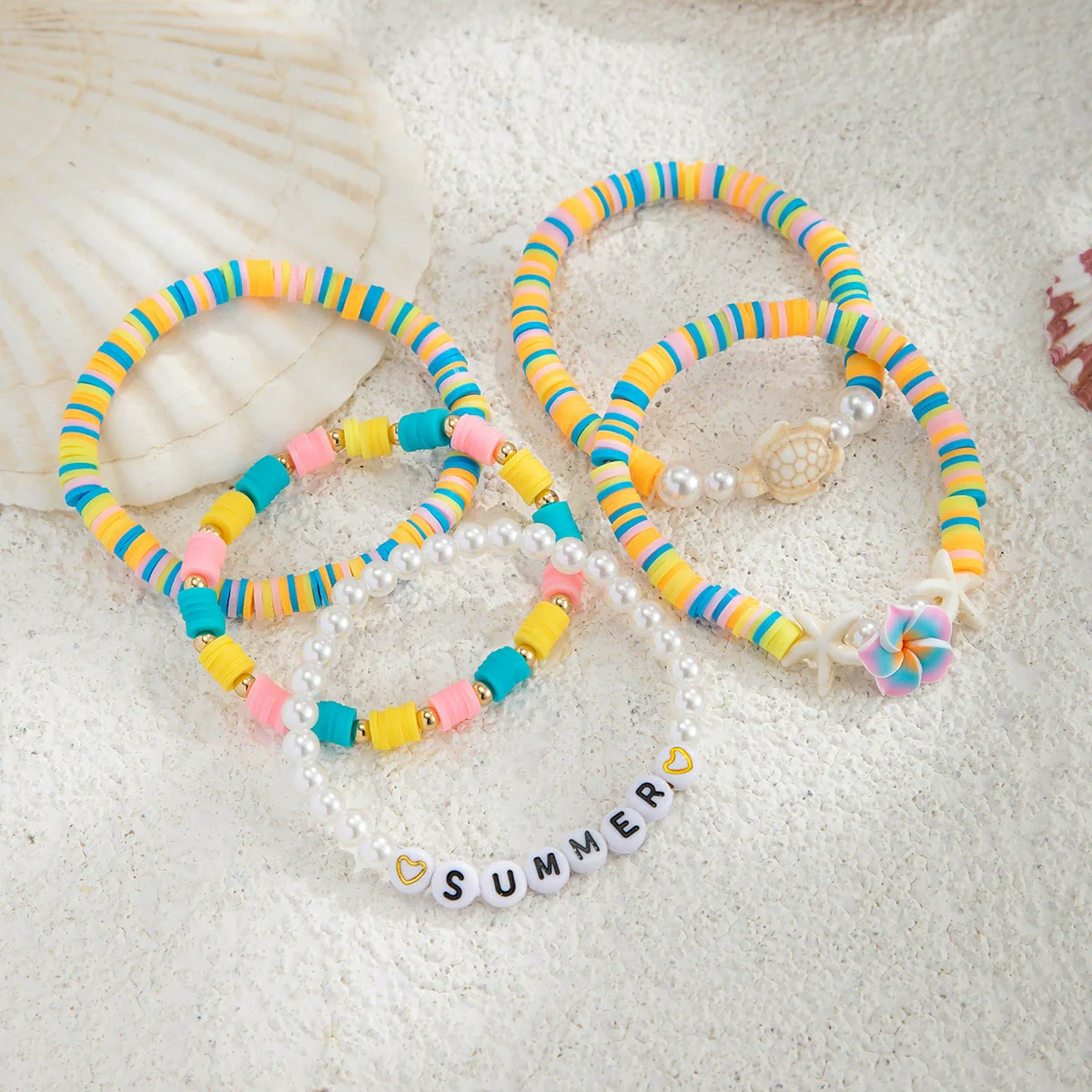 Shell Handmade Geometric And Flower Patterned Starfish Pendant Stacked Bracelet For Women - Image 4