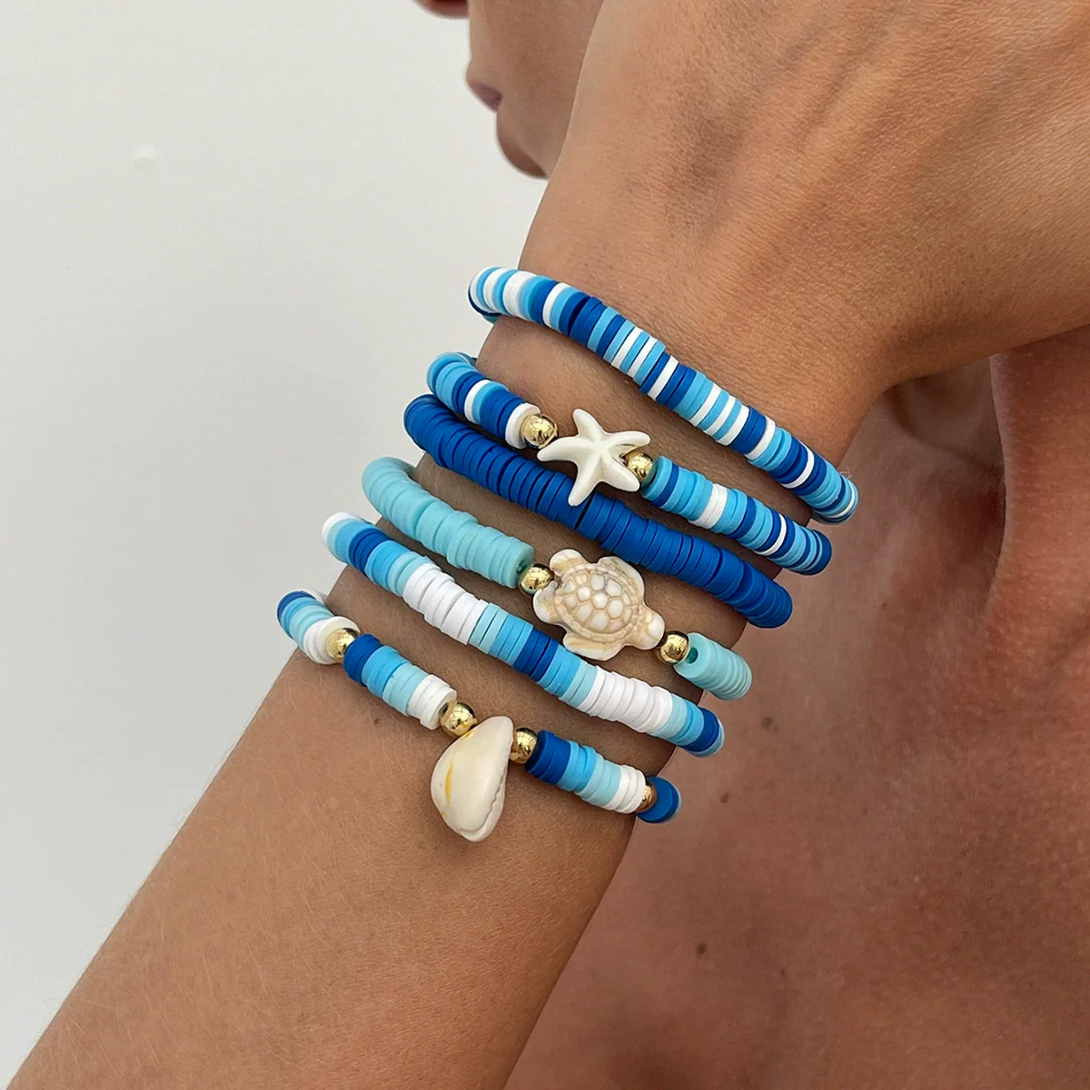 Shell Handmade Geometric And Flower Patterned Starfish Pendant Stacked Bracelet For Women - Image 7
