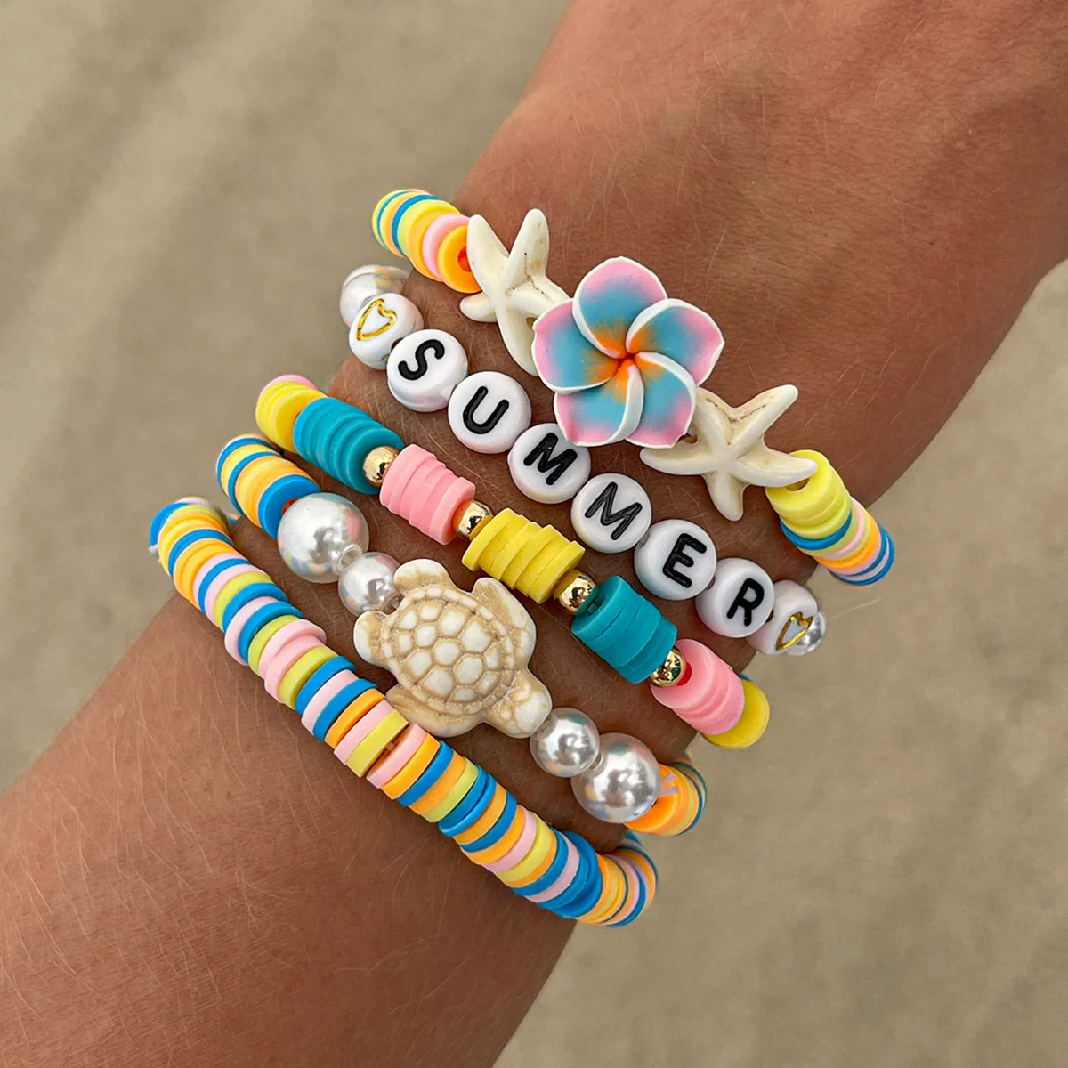 Shell Handmade Geometric And Flower Patterned Starfish Pendant Stacked Bracelet For Women - Image 9