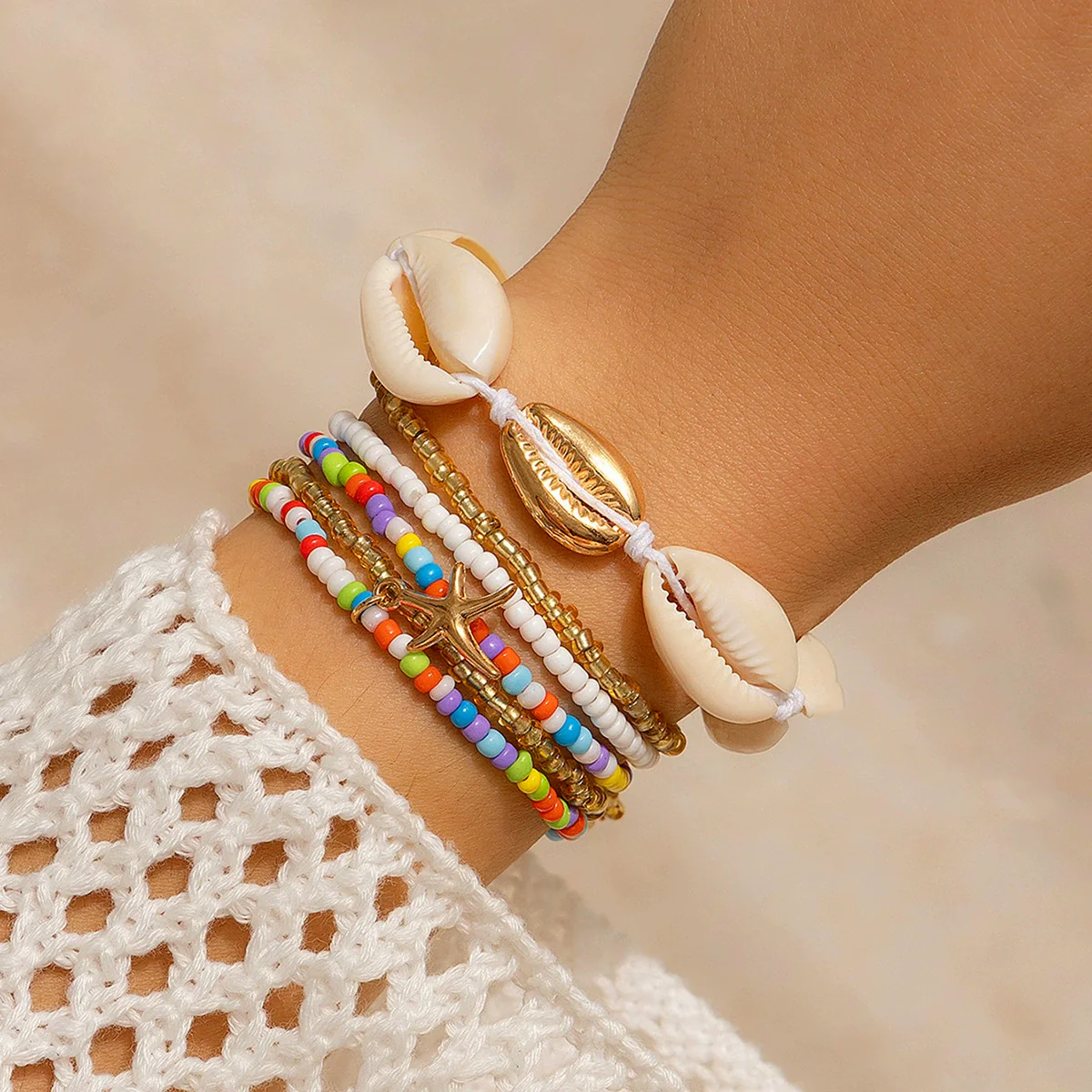 Shell Rice Bead Metal Geometric Electroplated Bracelet For Women - Image 3