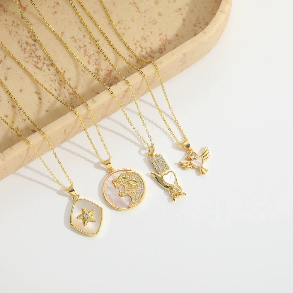 Shell Zircon Inlaid Disc Tigershaped Pendant Necklace Copper Electroplated Mixed Gemstone Setting For Women - Image 5