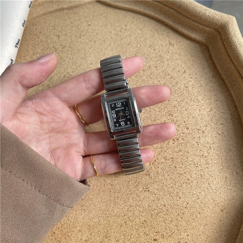 Silver Bracelet Watch Elastic Band Steel Spring Band Luminous Digital Retro Square Metal Chain Watch For Men And Women - Image 6