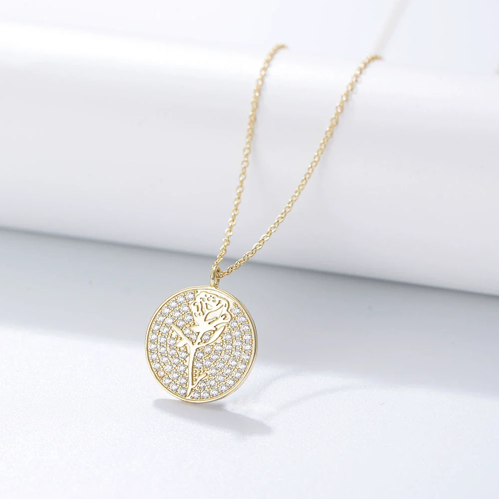 Silver Diamond Flower Round Coin Pendant Necklace For Women