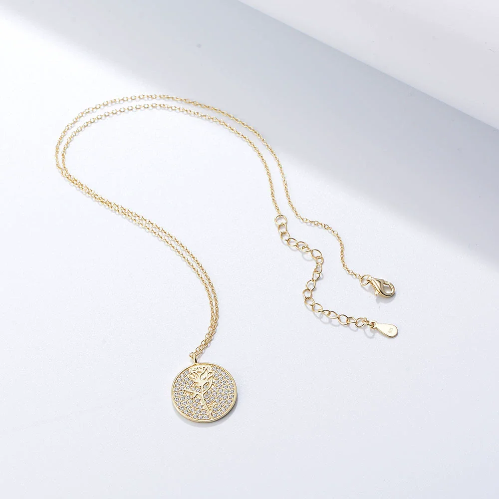 Silver Diamond Flower Round Coin Pendant Necklace For Women - Image 2