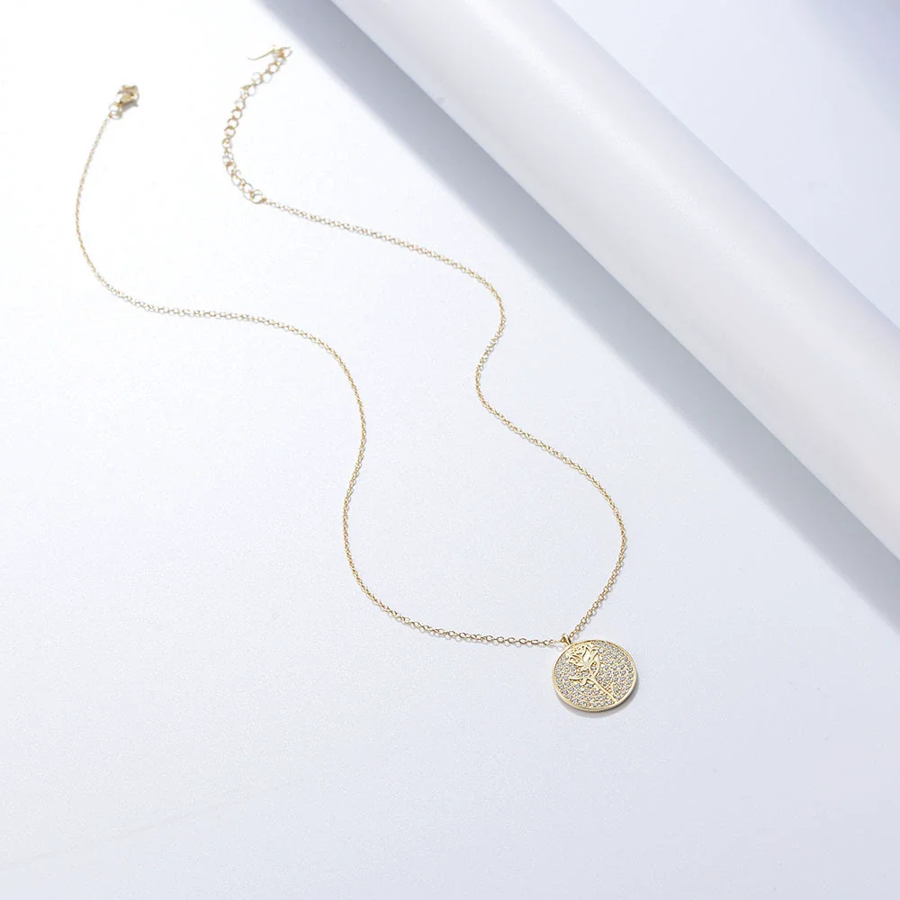 Silver Diamond Flower Round Coin Pendant Necklace For Women - Image 3
