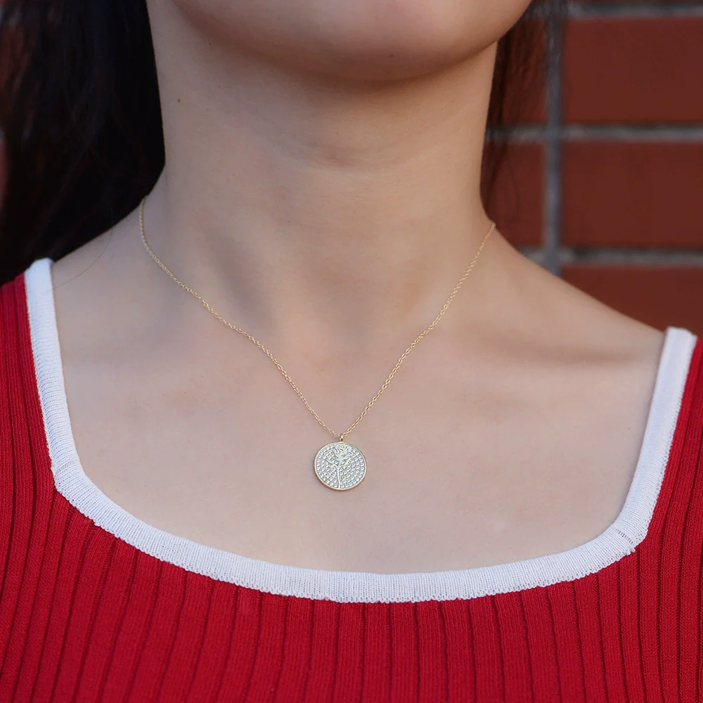 Silver Diamond Flower Round Coin Pendant Necklace For Women - Image 4