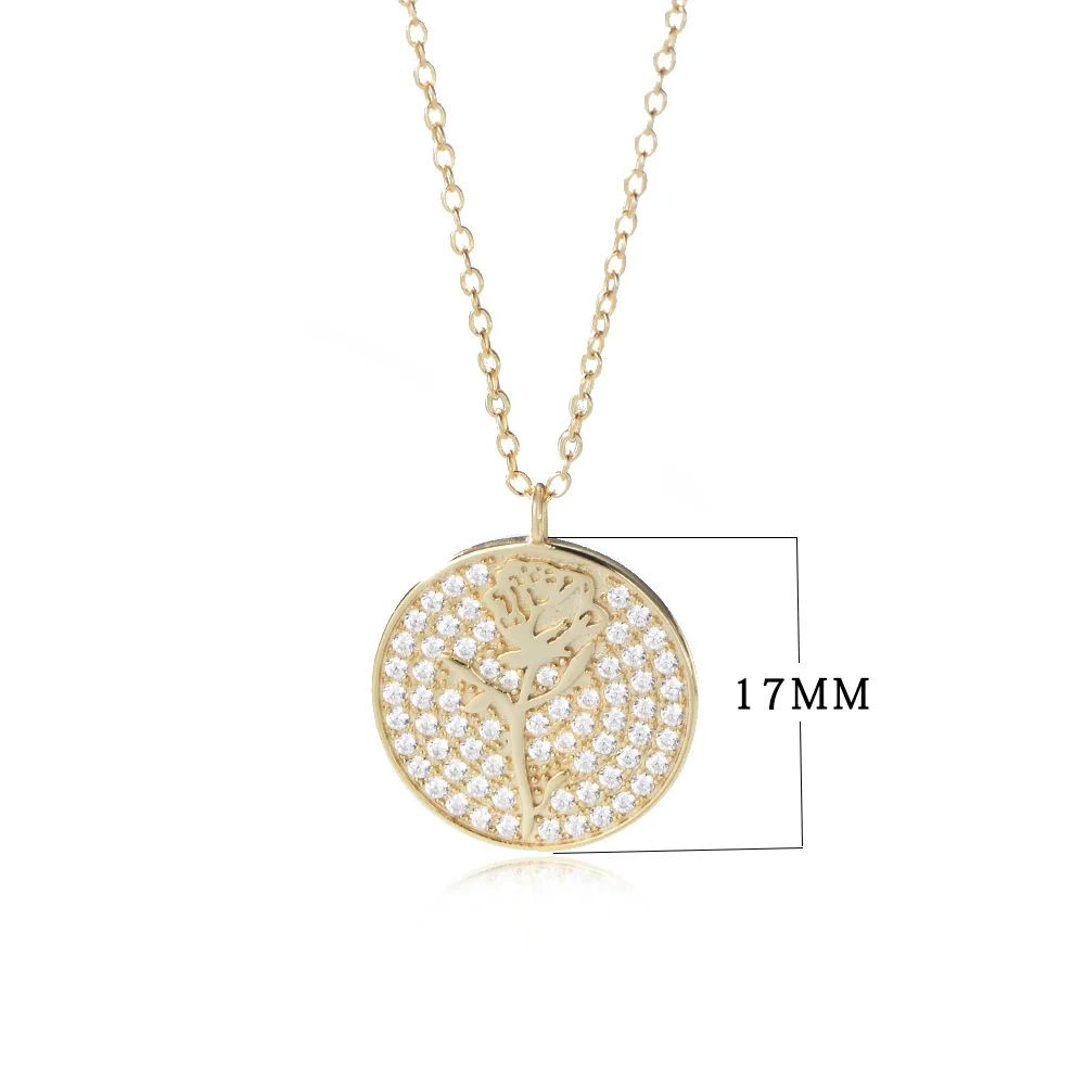 Silver Diamond Flower Round Coin Pendant Necklace For Women - Image 5
