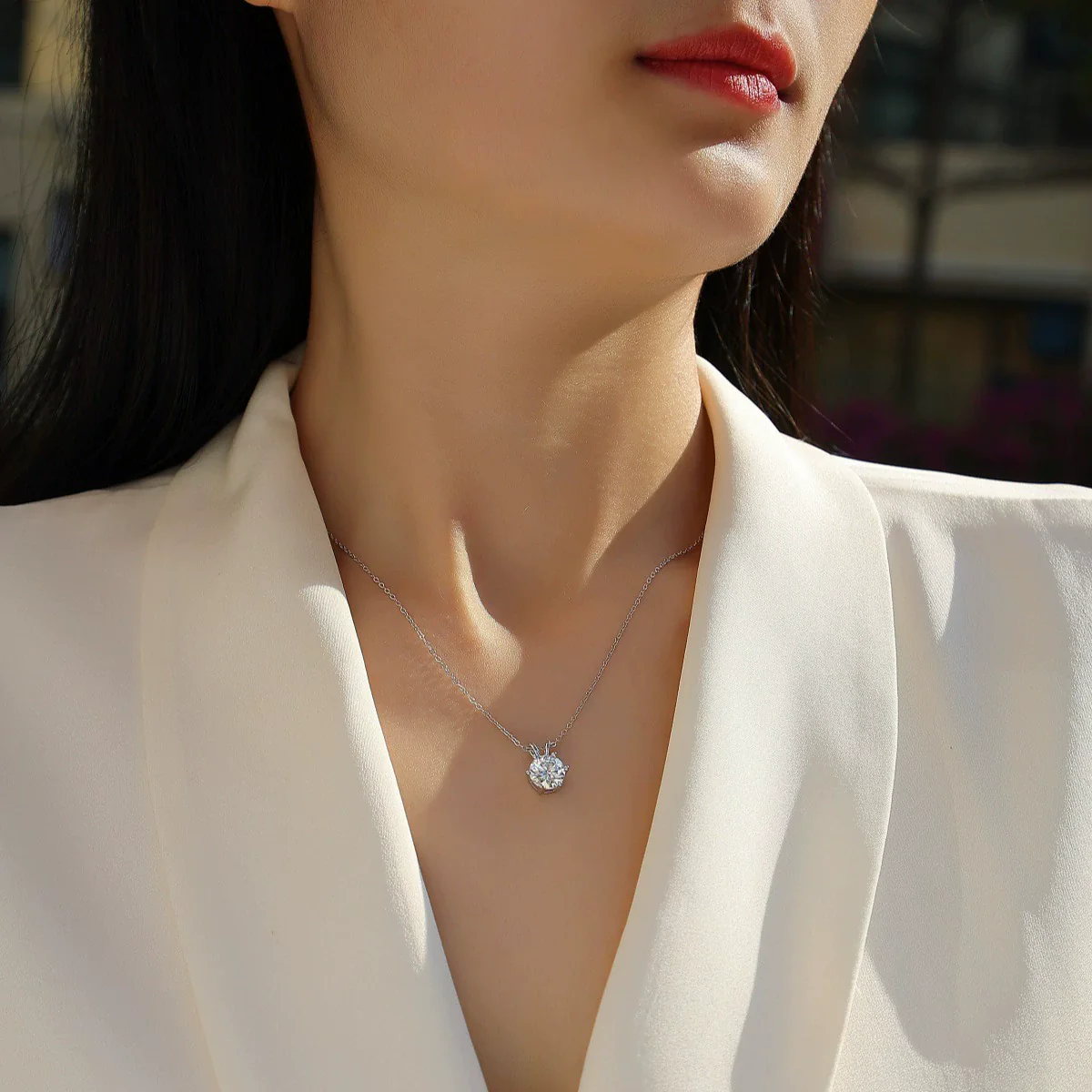 Silver Moissanite Pendant Necklace For Women With Geometric Pattern And Sixclaw Setting - Image 2