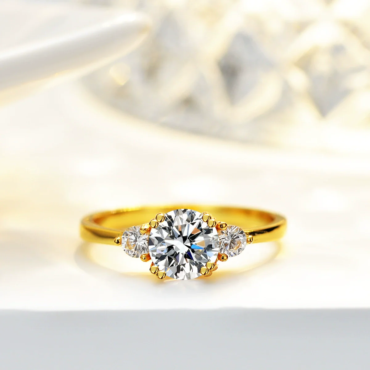 Silver Ring Moissanite Round Geometric Seiko Plated 14K - Image 4