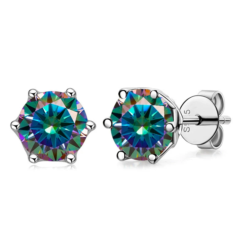 Silver Synthetic Moissanite Round Classic Sixclaw Earrings - Image 13