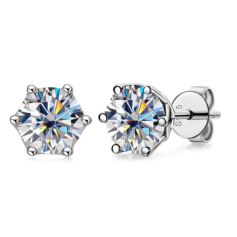 Silver Synthetic Moissanite Round Classic Sixclaw Earrings - Image 5