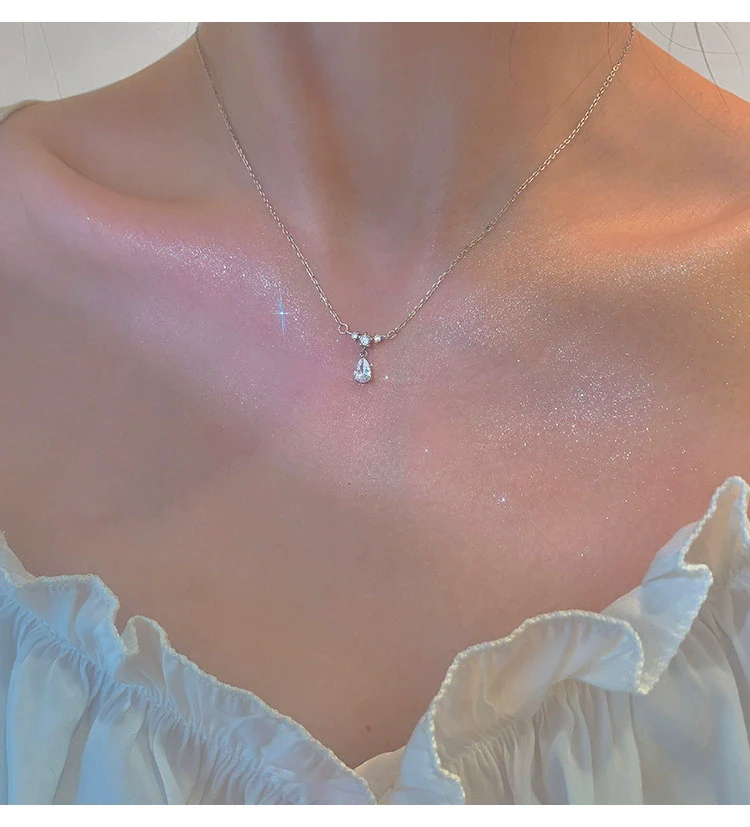 Silver Water Drop Shape Zircon Clavicle Necklace Retro Simple Design - Image 6