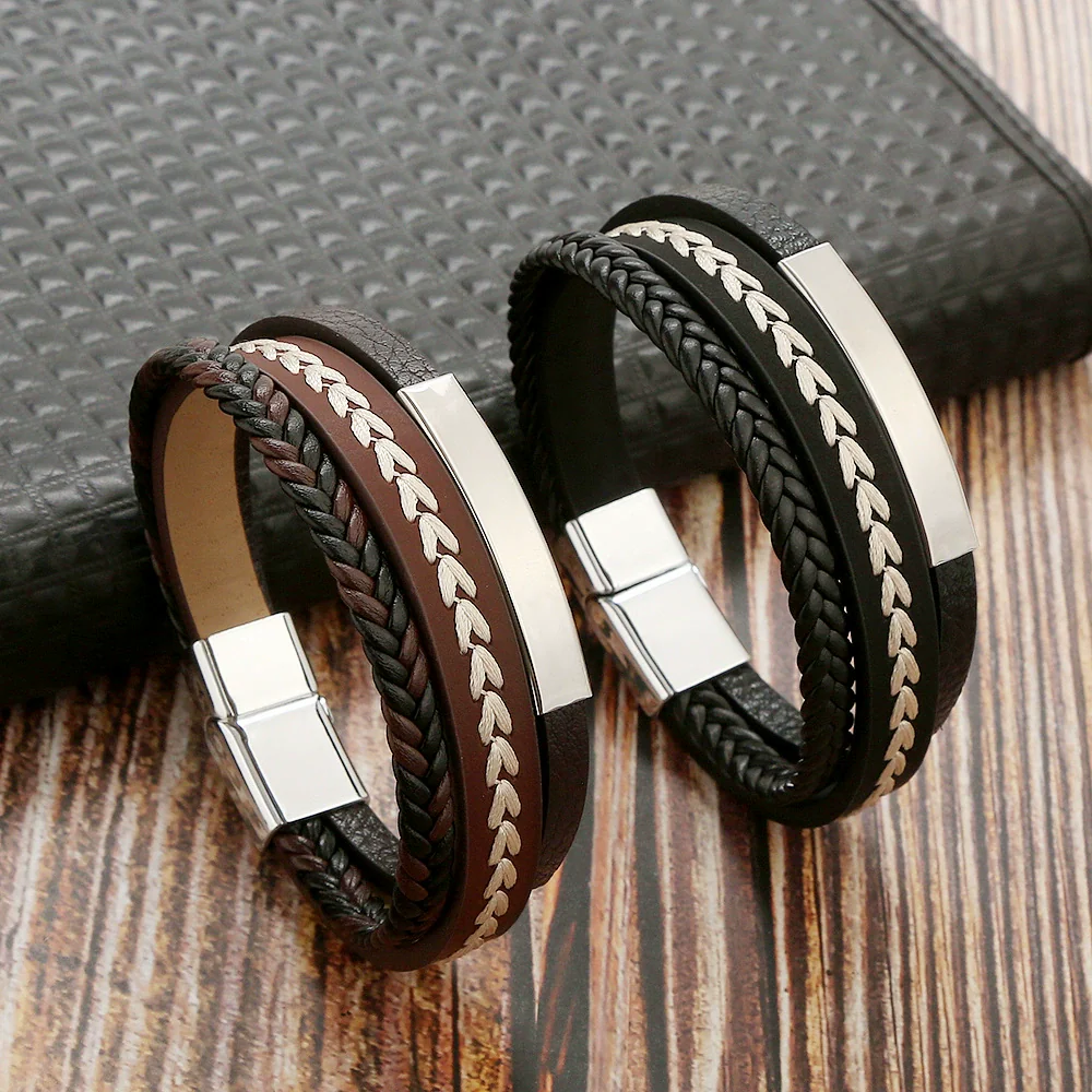Simple Handwoven Leather Bracelets With Stainless Steel Alloy Buckles Magnetic Material Geometric Style For Men Handmade