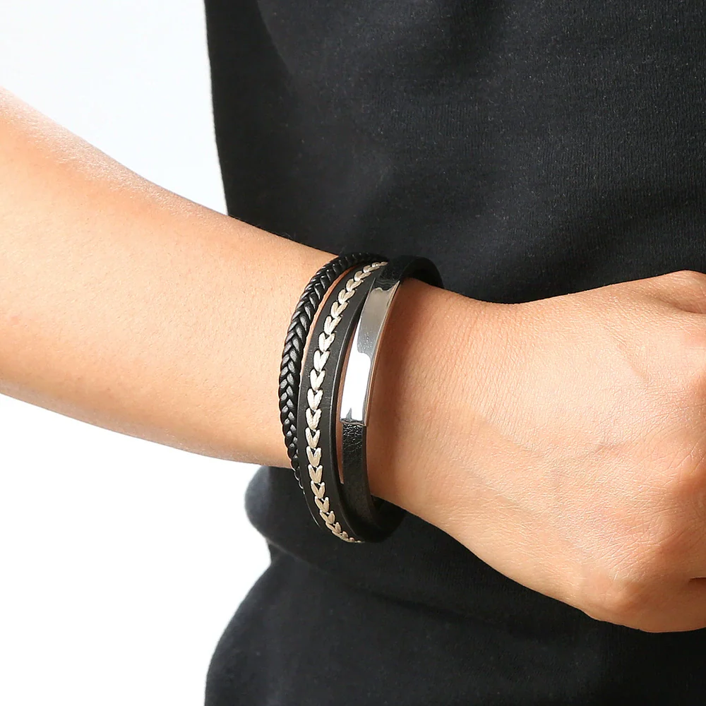 Simple Handwoven Leather Bracelets With Stainless Steel Alloy Buckles Magnetic Material Geometric Style For Men Handmade - Image 2