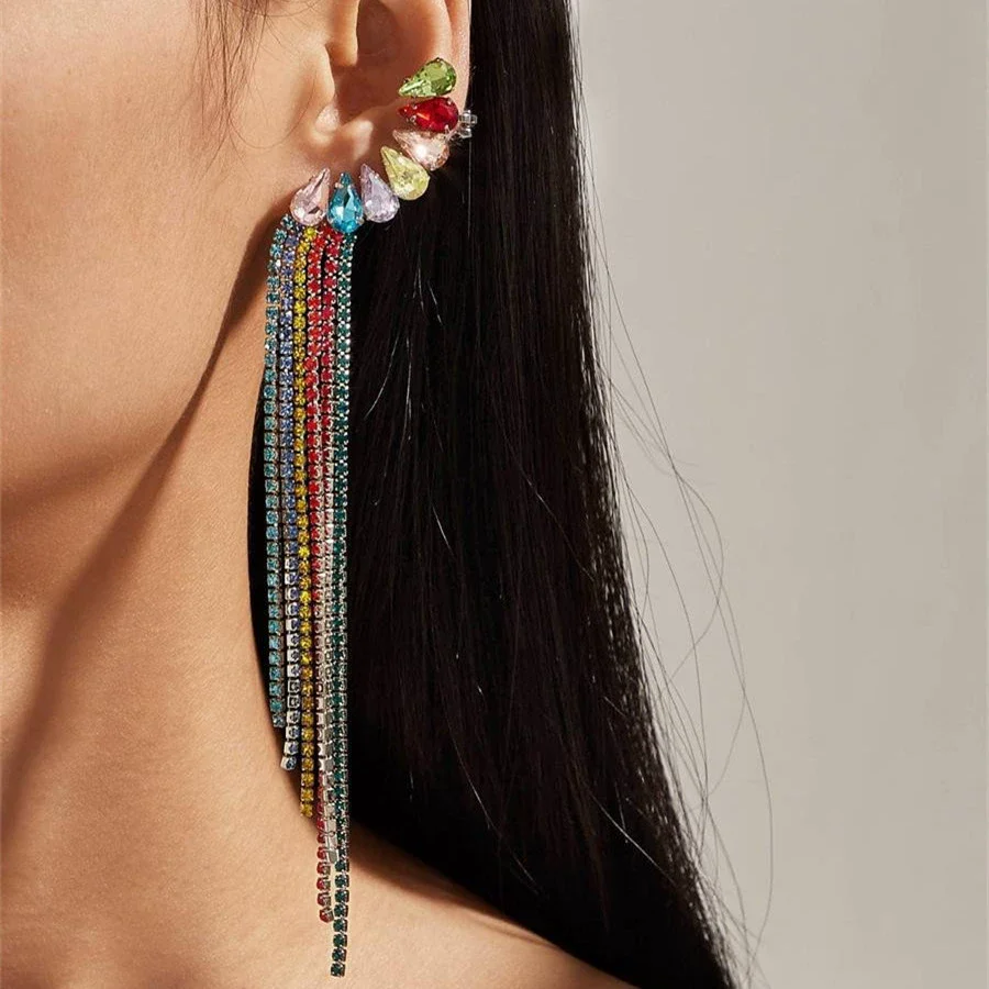 Simple Water Drop Rhinestone Earrings For Women With Claw Chain Long Tassel Electroplating Treatment