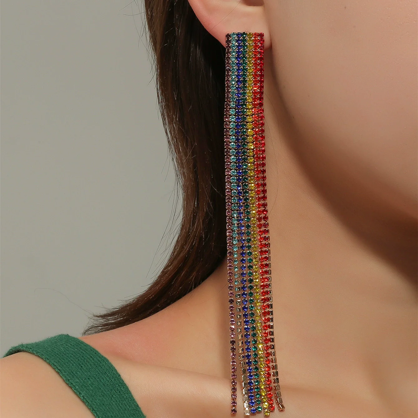 Simple Water Drop Rhinestone Earrings For Women With Claw Chain Long Tassel Electroplating Treatment - Image 2