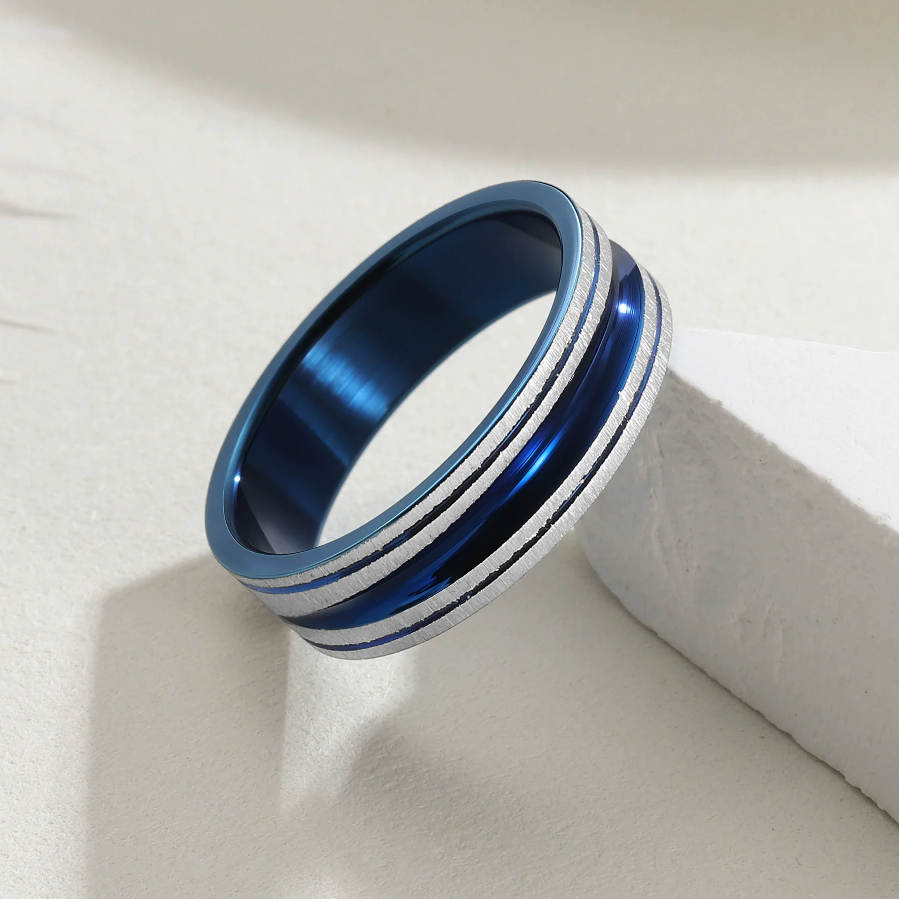 Simple Wide Groove Series Unisex Geometric Titanium Steel Ring With Electroplating And Sand Surface - Image 2