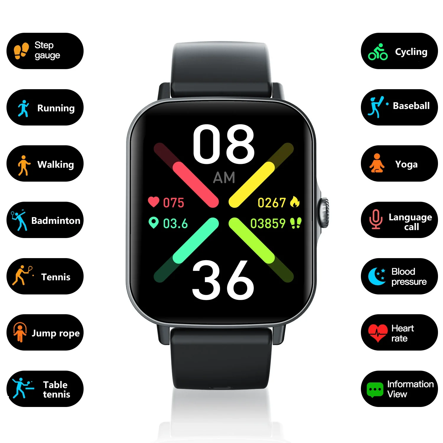 Smart Watch Silicone Wrist Strap Sporty Style Square Dial Blood Oxygen Test Multiexercise Modes Noninvasive Blood Sugar Siri Voice Dialing Touch Operation Compatible With Ios - Image 2