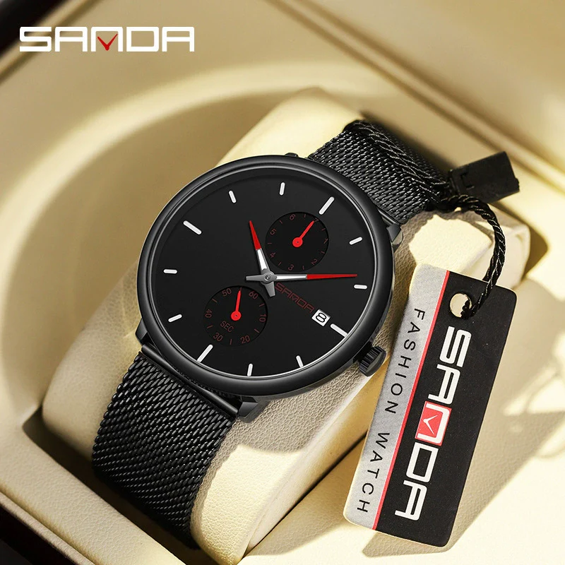 Sports Belt Quartz Watch For Men Zinc Alloy Case Mesh Band Stainless Steel Clasp Mineral Strengthened Glass Mirror Round Dial Waterproof Leisure Style - Image 2