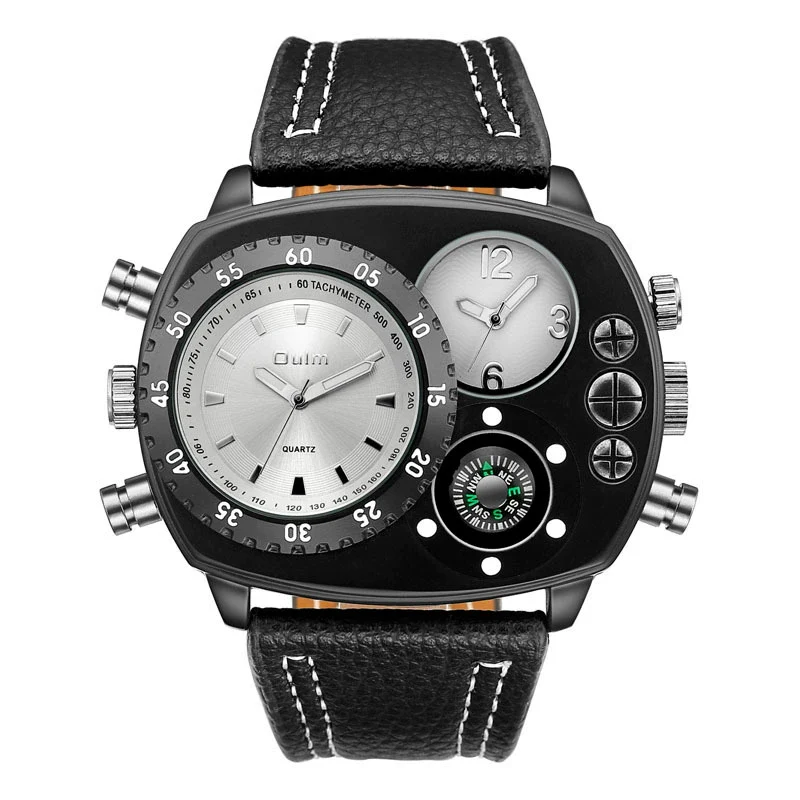 Sports Casual Watch Stainless Steel Leather Oval Dial Double Quartz Movement Compass Function