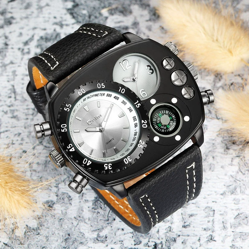 Sports Casual Watch Stainless Steel Leather Oval Dial Double Quartz Movement Compass Function - Image 2