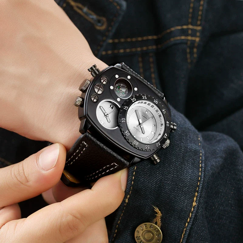 Sports Casual Watch Stainless Steel Leather Oval Dial Double Quartz Movement Compass Function - Image 3