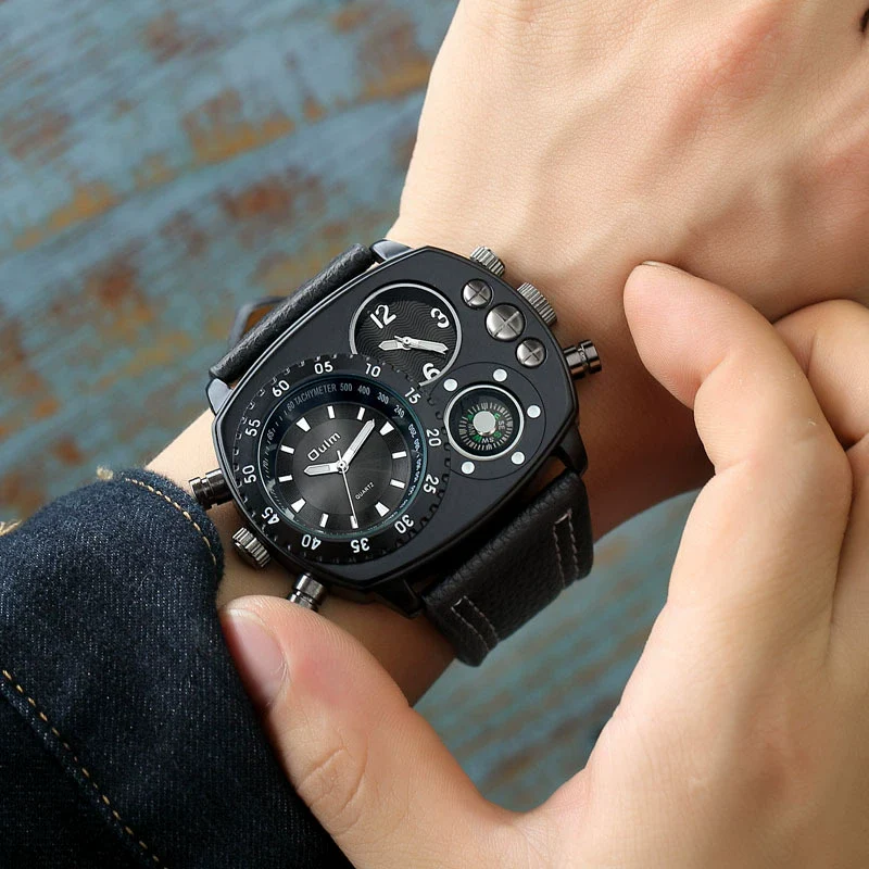 Sports Casual Watch Stainless Steel Leather Oval Dial Double Quartz Movement Compass Function - Image 4