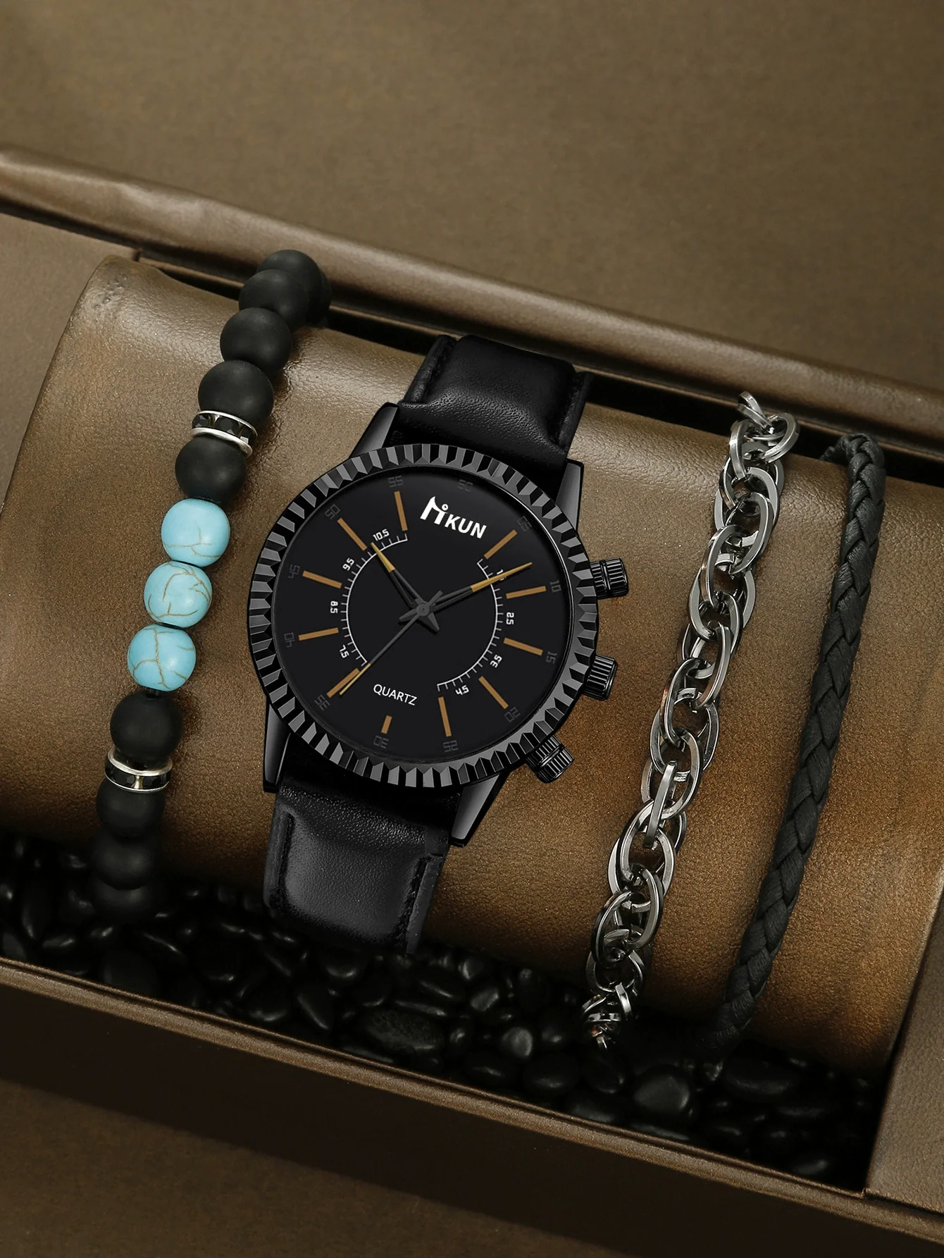Sports Leisure Gear Dial Belt Quartz Watch Beaded Bracelet Alloy Case Imitation Leather Strap Round Dial Fashion Style - Image 11
