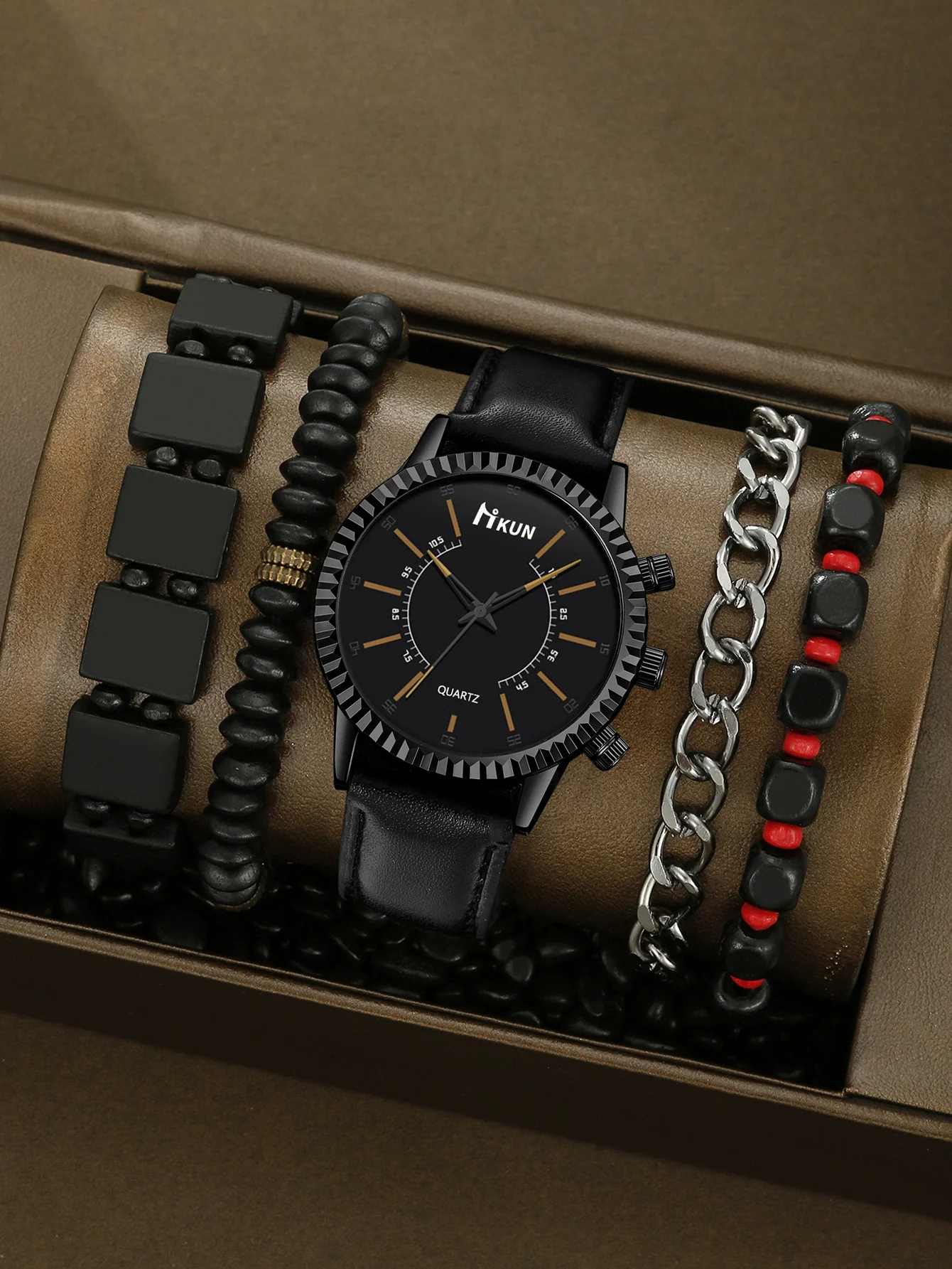 Sports Leisure Gear Dial Belt Quartz Watch Beaded Bracelet Alloy Case Imitation Leather Strap Round Dial Fashion Style - Image 13
