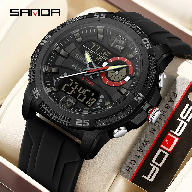 Sports Watch Dual Display Multifunction Luminous Digital Alarm Clock Silicone Strap Abs Case Acrylic Mirror Round Dial For Male And Female Students - Image 4