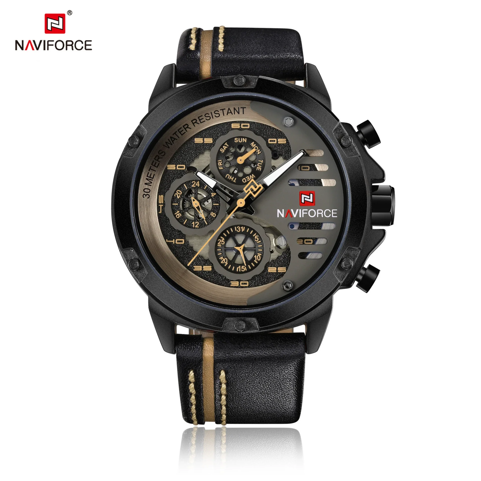 Sports Watch Genuine Leather Strap Metal Case Stainless Steel Clasp Quartz Calendar Week Luminous Waterproof Round Dial Men's Fashion - Image 3