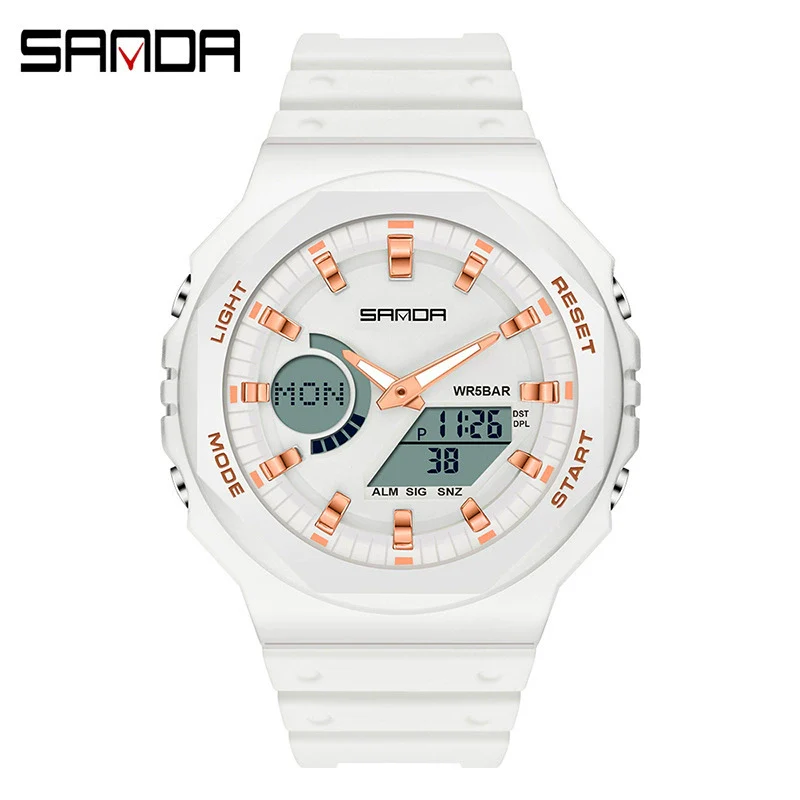 Sports Watch Metal Case Plastic Strap Octagonal Round Dial Luminous Alarm For Youth