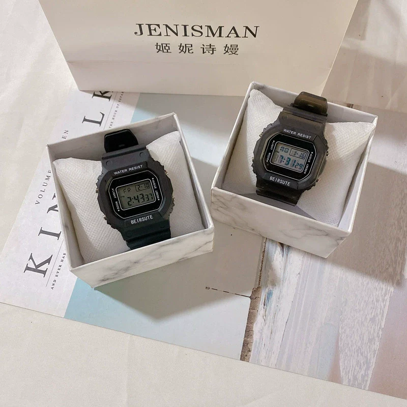 Square Sports Electronic Couple's Watch Plastic Case Silicone Strap Rose Gold Clasp - Image 3