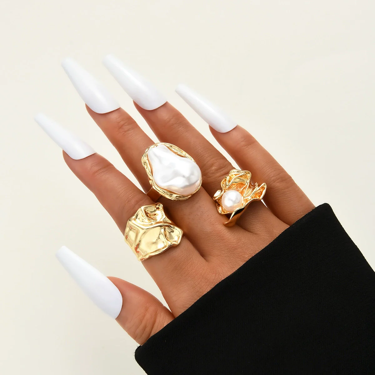 Stacked Ins Style Women's Special Shaped Pearl Gemstone Ring Set Zinc Alloy Electroplated - Image 21