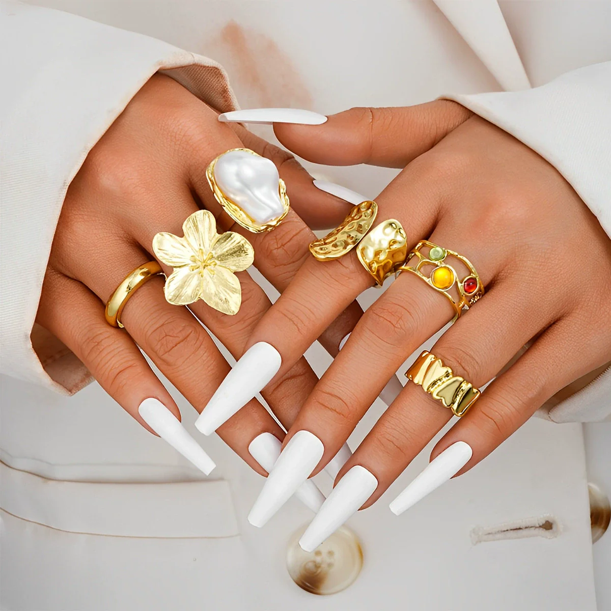 Stacked Ins Style Women's Special Shaped Pearl Gemstone Ring Set Zinc Alloy Electroplated - Image 7