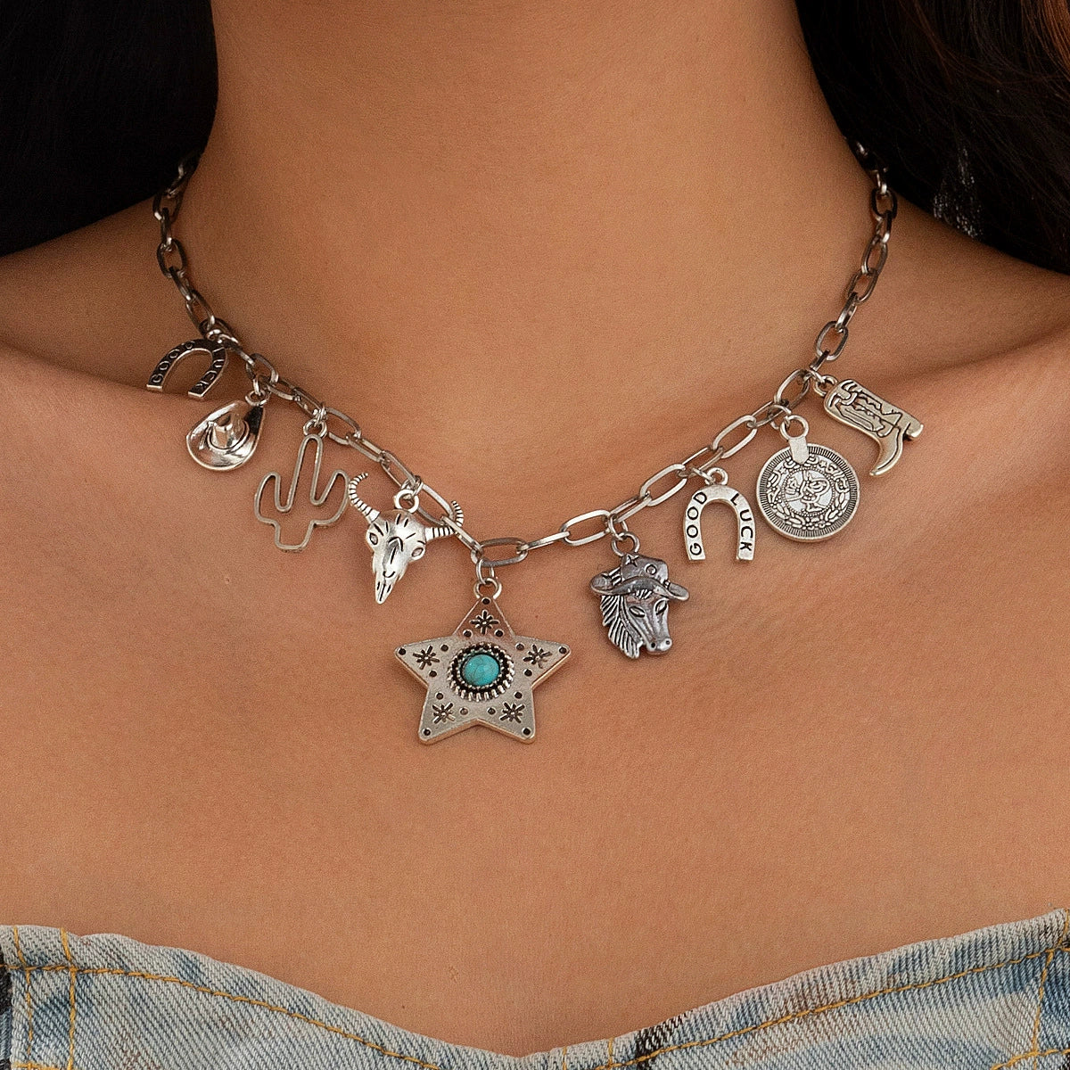 Stacked Western Cowboy Hat Pendant Necklace For Women Retro Turquoise Cactus Cow Head Iron Chain Alloy Geometric Electroplated - Image 8