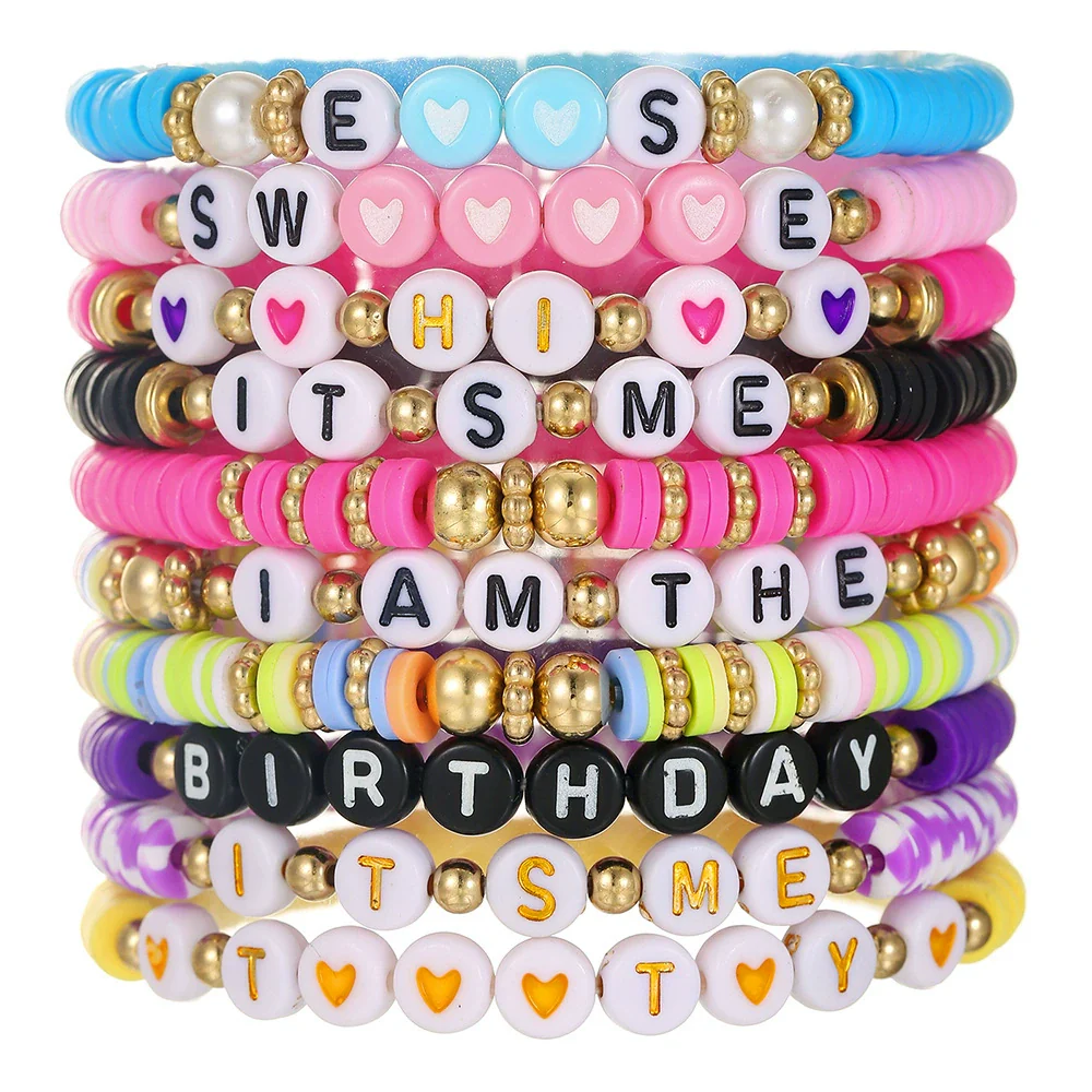 Stacking Bracelet Set Polymer Clay Handmade Geometric Style Colorful Soft Oil Dripping White Smiley Face Bohemian - Image 16