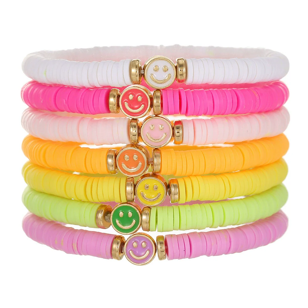 Stacking Bracelet Set Polymer Clay Handmade Geometric Style Colorful Soft Oil Dripping White Smiley Face Bohemian - Image 6