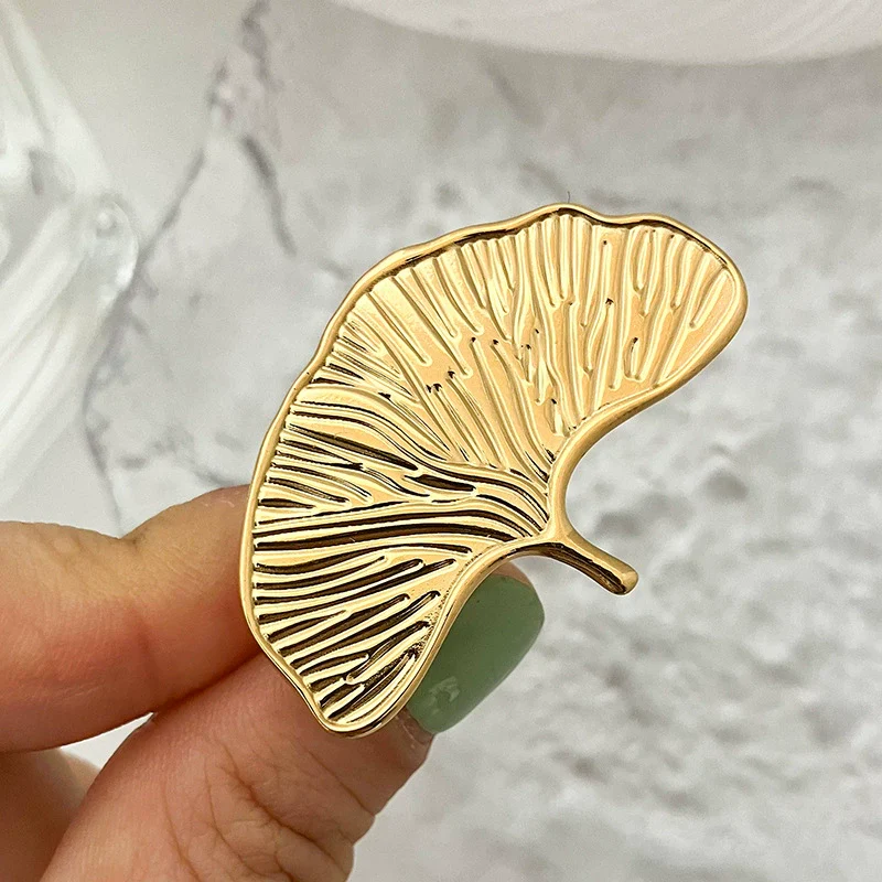 Stacking Ring Stainless Steel Electroplated Real Gold Multilayer Ginkgo Leaf Style For Women - Image 2