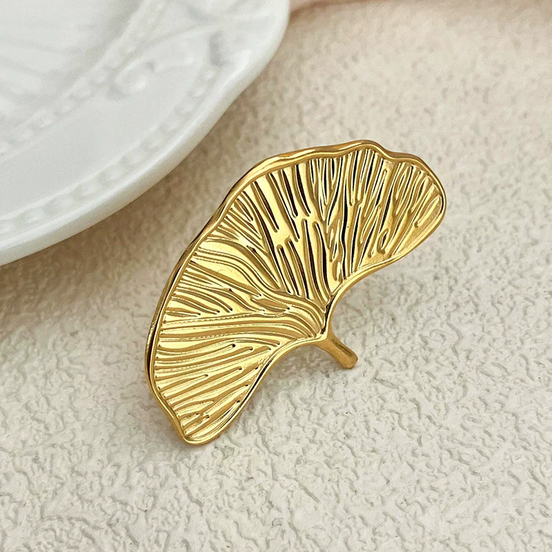 Stacking Ring Stainless Steel Electroplated Real Gold Multilayer Ginkgo Leaf Style For Women - Image 3
