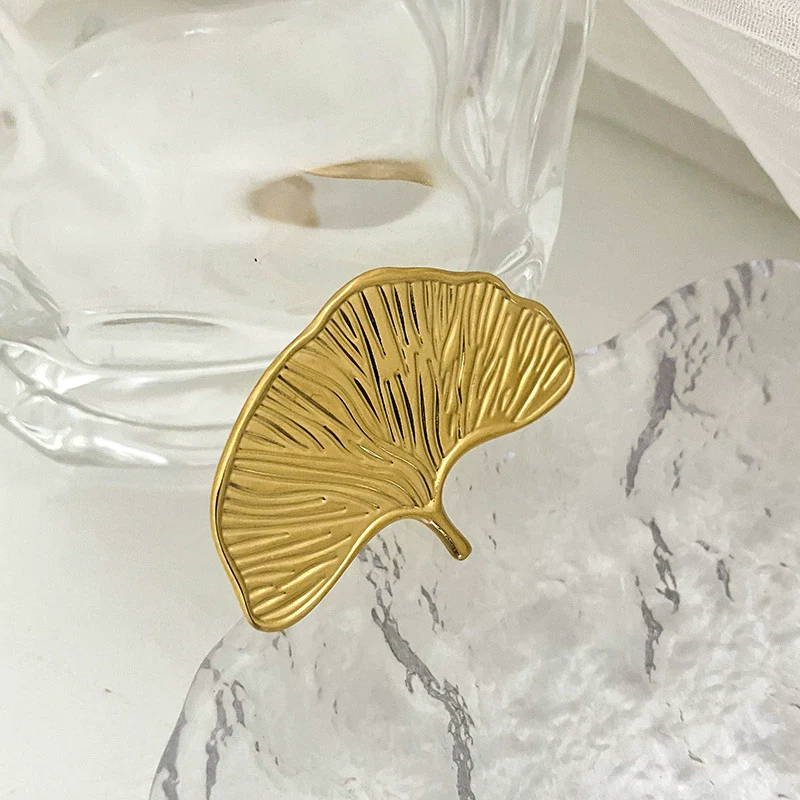 Stacking Ring Stainless Steel Electroplated Real Gold Multilayer Ginkgo Leaf Style For Women - Image 4