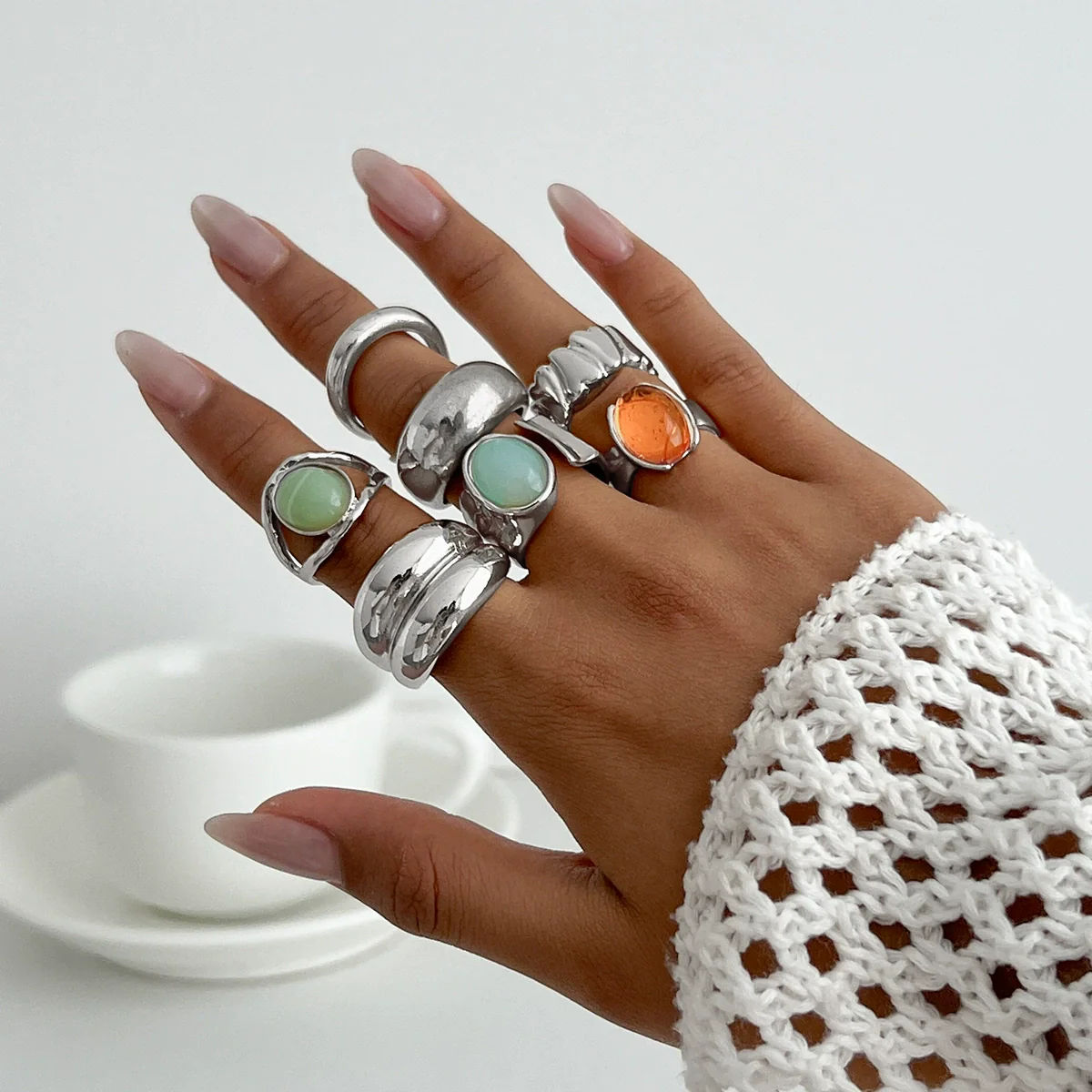 Stacking Style Alloyacrylic Drill Geometric Ring For Women With Electroplating - Image 2