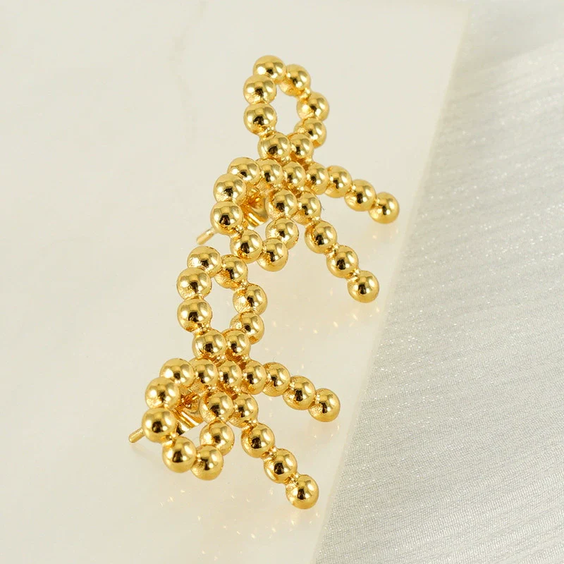 316L Stainless Steel 18K Gold Plated Round Bead Bow Earrings Jewelry - Image 3