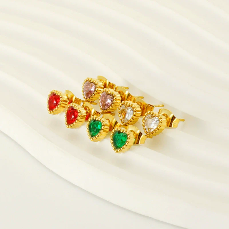 316L Stainless Steel 18K Inlaid Zircon Heart Shape Women's Earrings - Image 3
