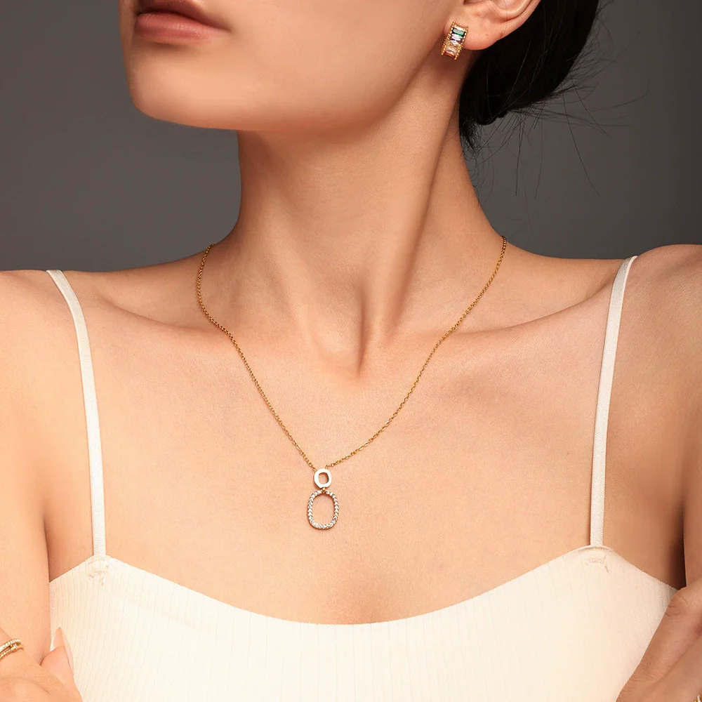 Stainless Steel And Titanium Steel Inlaid Zircon Double Ring Necklace Bracelet For Women With Electroplating And Geometric Style